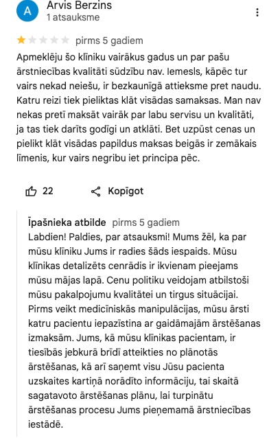 Ekrānuzņēmums no atsauksmes (Arvis Berzins)