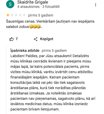 Ekrānuzņēmums no atsauksmes (Skaidrīte Grigale)