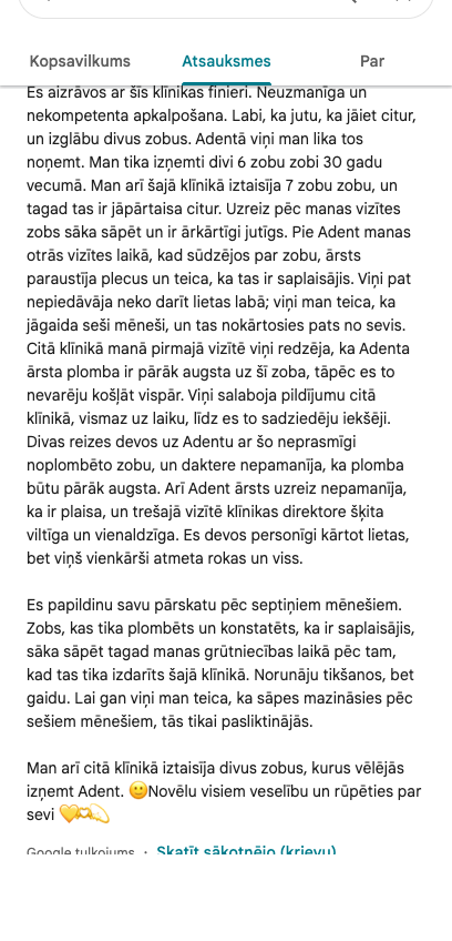 Ekrānuzņēmums no atsauksmes (Kristina Kalmikova)
