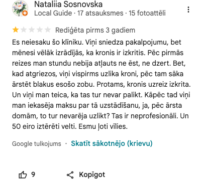 Ekrānuzņēmums no atsauksmes (Nataliia Sosnovska)