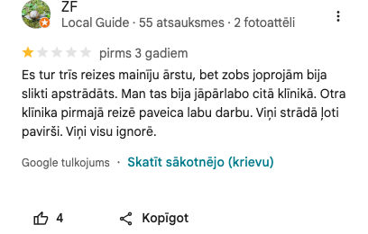 Ekrānuzņēmums no atsauksmes (ZF)