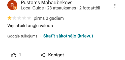 Ekrānuzņēmums no atsauksmes (Rustams Mahadbekovs)