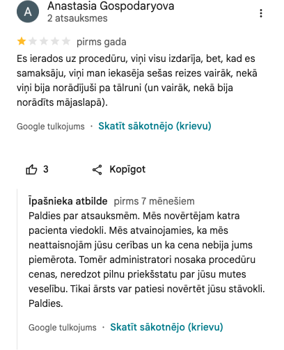Ekrānuzņēmums no atsauksmes (Anastasia Gospodaryova)