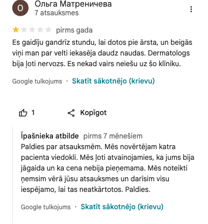 Ekrānuzņēmums no atsauksmes (Ольга Матреничева)
