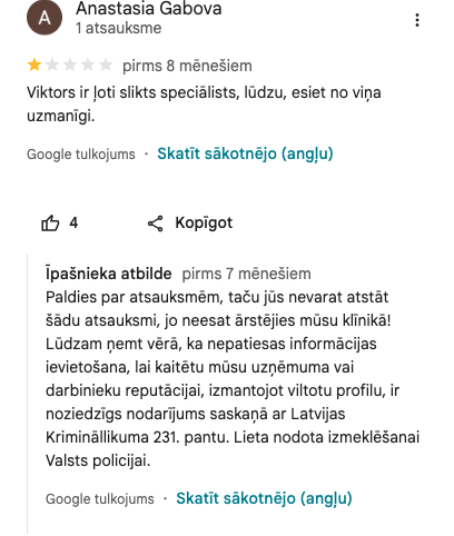 Ekrānuzņēmums no atsauksmes (Anastasia Gabova)