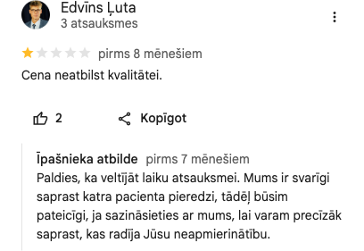 Ekrānuzņēmums no atsauksmes (Edvīns Ļuta)