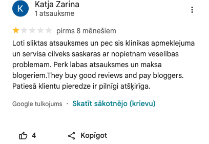 Ekrānuzņēmums no atsauksmes (Katja Zarina)