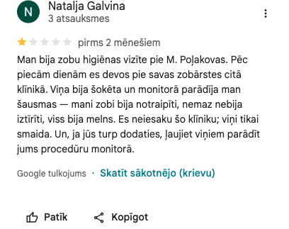 Ekrānuzņēmums no atsauksmes (Natalja Galvina)