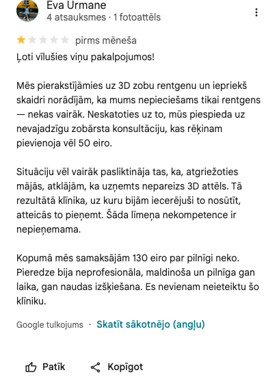Ekrānuzņēmums no atsauksmes (Eva Urmane)
