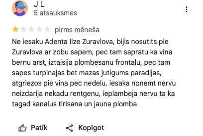 Ekrānuzņēmums no atsauksmes (J L)