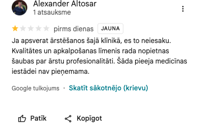 Ekrānuzņēmums no atsauksmes (Alexander Altosar)