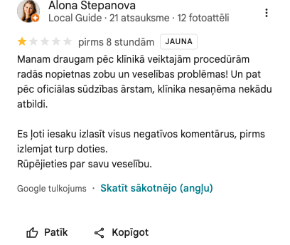 Ekrānuzņēmums no atsauksmes (Alona Stepanova)