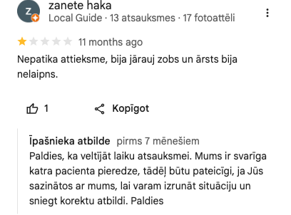 Ekrānuzņēmums no atsauksmes (zanete haka)